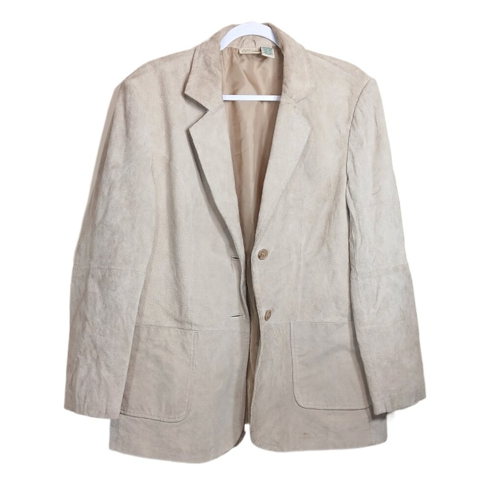 St. John’s Bay Suede Blazer Women’s L Beige Leather Vintage Y2K 2-Button Pockets